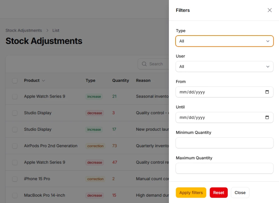Slide-over layout for contextual filtering